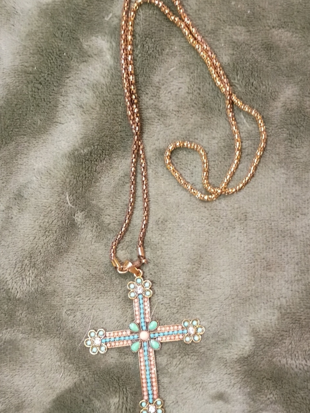 Gold-Tone Cross Pendant Necklace with Turquoise Accents